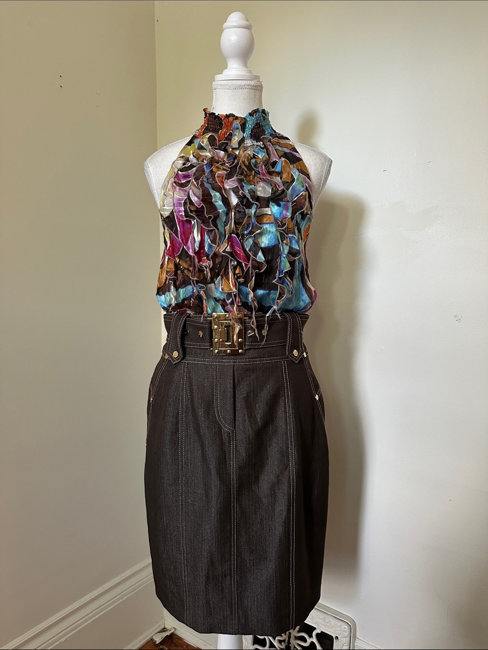 CACHE Contour Collection Y2K Silk Halter Ruffle Belted Sleeveless Dress Sz 6